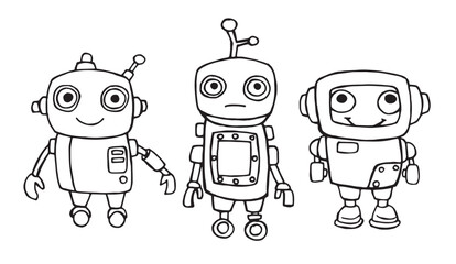 vector drawing in doodle style, set of cute robots. funny character for children, black and white line drawing.