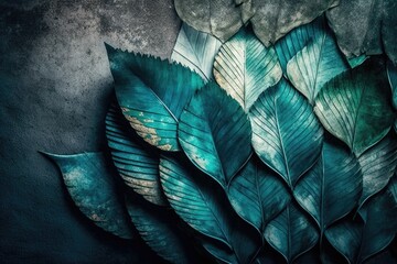 Poster - Tropical leaves on grunge textured background with copy space