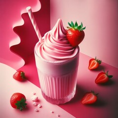 Poster - AI generated illustration of a strawberry smoothie in a glass with a dollop of whipped cream