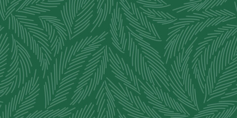 Pattern with spruce needles. Winter linear botanical pattern. Line illustration with Christmas tree branches and leaves on dark green background. Pine needles texture