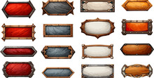 Empty Medieval Frames. Game Ui Borders Decor Bundle, Antique Ornament Frame Signs, Viking Metal Banners Avatar Epic Ornaments Elements Isolated On White