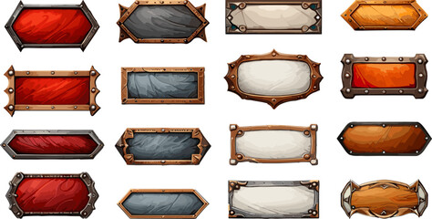 Empty medieval frames. Game ui borders decor bundle, antique ornament frame signs, viking metal banners avatar epic ornaments elements isolated on white