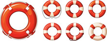 Cartoon Lifebuoy Set. Red And White Lifebuoys Icons Isolated On White. Nautical Safety, Safe Live On Sea Or Ocean. Vector Ship Safing Objects
