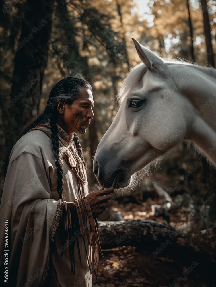 Native American man with his white horse in the forest illustrated ...