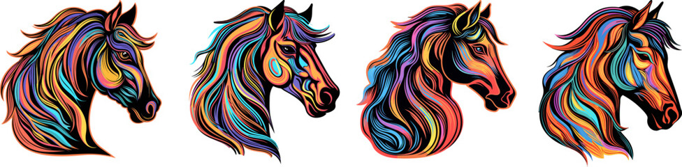 Wall Mural - Horses heads neon elements. Abstract horse portraits, isolated farm animal mascots design. Strong independent mustangs, vector icons