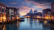 Panorama of Venice at night, Italy. Beautiful cityscape of Venice in evening. Panoramic view of Grand Canal at dusk. The main travel attractions of Venice. 
