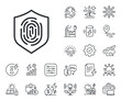 © blankstock - Finger print protection sign. Energy, Co2 exhaust and solar panel outline icons. Fingerprint line icon. Biometric identity symbol. Fingerprint line sign. Eco electric or wind power icon. Vector