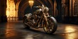 Chopper motorcycle art, custom biker motobike, cathedral setting, biker exhibit, chrome throttle, golden emblem, decoration, embellishment, generative AI, JPG