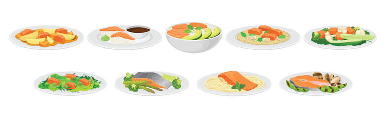 Sticker - Tasty Salmon Fish Dish Served on Plate Vector Set