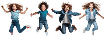 A Set Of Cheerful Young Kids Celebrating, Isolated In Transparent PNG Format – A Full-length Studio Portrait Of Kids Jumping, Laughing, And Brimming With Joy Against A Pristine White Background.