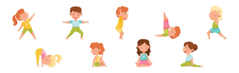 Wall Mural - Kid Characters Doing Yoga Standing in Different Asana Vector Set