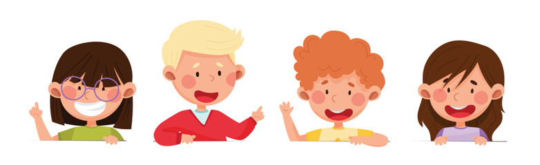 Wall Mural - Cute Boy and Girl Characters Talking and Speaking at Table or Desk Vector Illustration Set