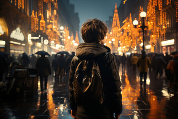 Canvas Print - A boy looking at a busy street with sensory sensitivities, portraying the challenges of sensory processing disorders. Concept of sensory sensitivities in children. Generative Ai.