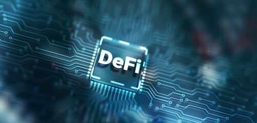DeFi Decentralized Finance. Technology blockchain cryptocurrency concept on Server Room background