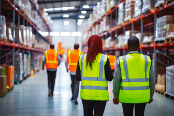 Warehouse employees in action moving boxes in storage. Workers in big warehouse in orange reflective vests and helmets walking in warehouse back shot.