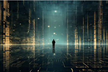 Silhouette of a man standing in front of a binary code
