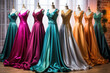 Beautiful evening dresses on a mannequin in a womens clothing store. AI generated