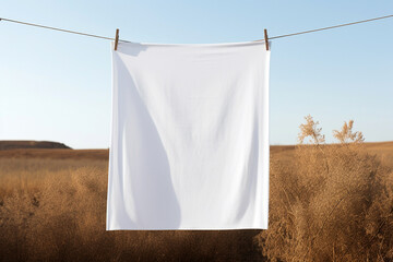 Clean white sheet drying on a line. Laundry with clothes pins on a rope outdoors. Clean clothesline dry laundry line. Empty space for text, mockup