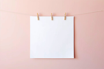 Note paper hanging with clothespins. White paper hung on laundry line, mockup, empty paper cards