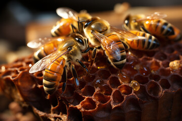 Poster - A colony of bees swarming around a beehive, working together to produce honey. Generative Ai.