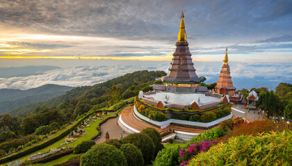 Landscape of two pagoda (noppha methanidon-noppha phon phum siri stupa) in an Inthanon mountain, chiang mai, Thailand