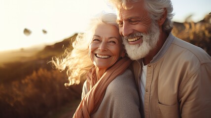 Wall Mural - Portrait of cute lovely italian caucasian happy elderly couple hugging outside in city park. pensioner retirees wife and husband rejoice. smiling woman tenderly embracing her spouse.