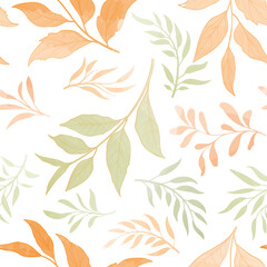 Wall Mural - Autumn leaves seamless pattern. Season floral drawn flourish autumnal texture. Fall leaf nature icon white background.