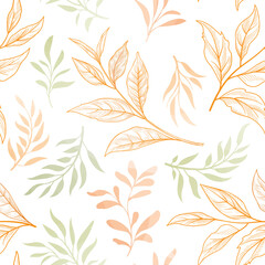 Wall Mural - Autumn leaves seamless pattern. Season floral drawn flourish autumnal texture. Fall leaf nature icon white background.