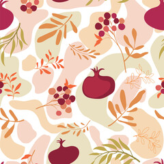 Wall Mural - Fall autumn texture. Fruit and berry autumnal floral pattern. Fall leaves and pomegranate seamless drawn background