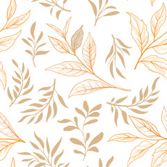 Wall Mural - Autumn leaves seamless pattern. Season floral drawn flourish autumnal texture. Fall leaf nature icon white background.