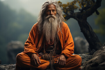 Poster - A wise guru meditating in a serene mountain retreat. Concept of enlightenment and inner peace. Generative Ai.