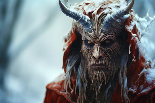 Krampus, creepy evil christmas spirit in the winter frosty forest.