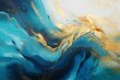 Mesmerizing paint swirls in teal and blue adorned with golden powder. Opulent acrylic pour backdrop. Generative AI