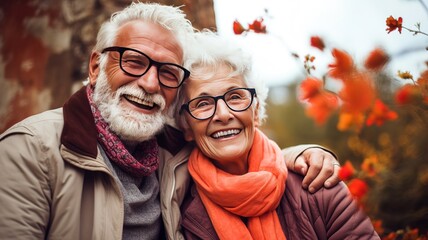 Wall Mural - couple of old seniors travelling enjoying and taking a selfie, smiling and ejoying looking at the camera wearing sun glasses.pensioners vacations lifestyle.