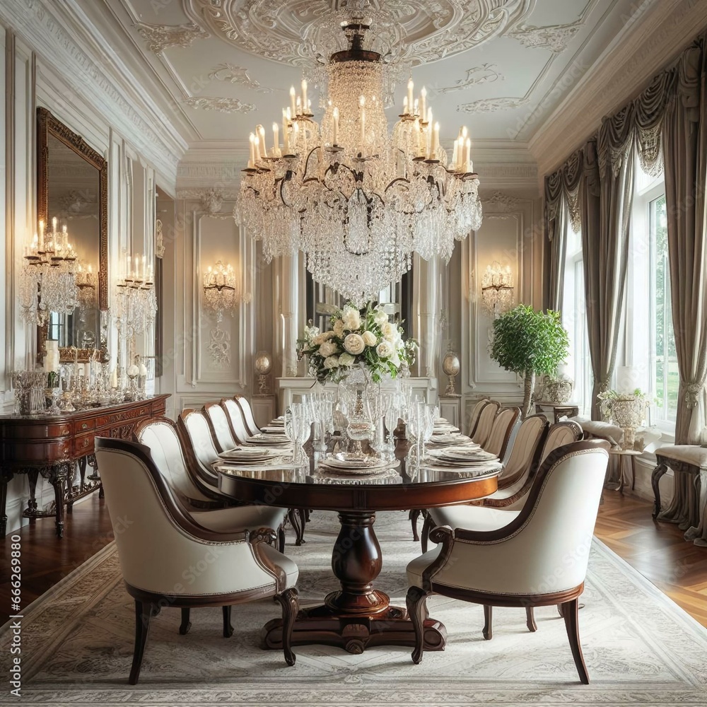Elegant dining room with a crystal chandelier, mahogany dining table ...