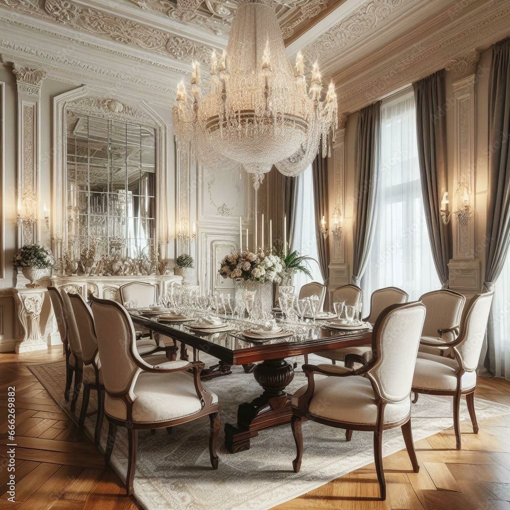 Elegant dining room with a crystal chandelier, mahogany dining table ...