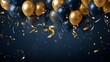 Holiday background with golden and blue metallic balloons, confetti and ribbons. Festive card for birthday party, anniversary, new year.