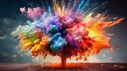 Wall Mural - Rainbow human brain explosion, cognitive overload, creative inspiration, World Mental Health Day, psychology and neurology.