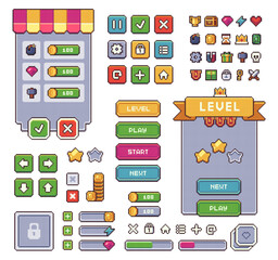 Pixel art game UI buttons. Mobile application interface elements. Progress bar, panel and indicators. Isolated video gaming menu kit. Vector retro style set