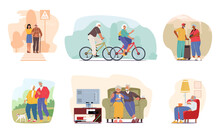 Set Of Senior Characters Crossing The Road By Zebra, Riding Bicycles, Walking With Dog In Park, Watching Movies Together