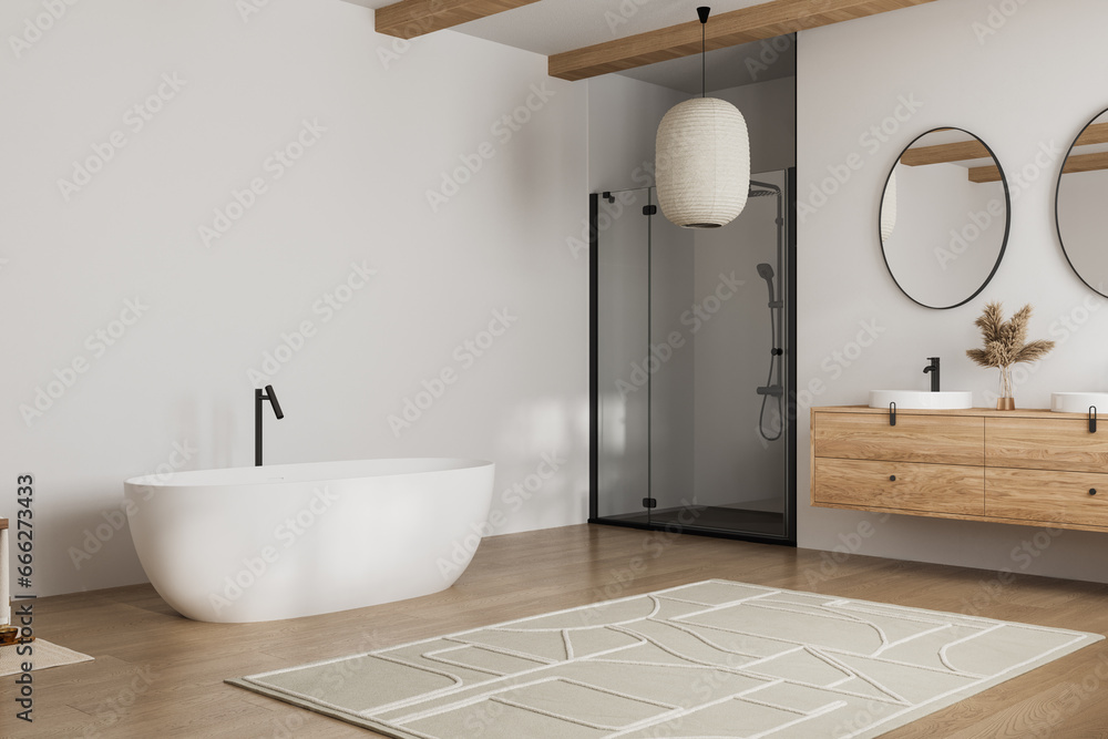 Elegant bathroom with white walls, white basin with oval mirrors ...