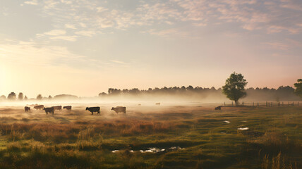 Wall Mural - Panorama of grazing cows in a meadow with grass covered with dewdrops and morning fog, and in the background the sunrise in a small haze. Created with