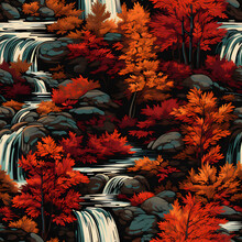 A Cascading Waterfall Surrounded By Colorful Autumn Foliage, Seamless Pattern, Single Tile, Crafting Supply