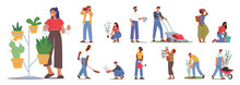 Set Of Farmer Or Gardener Characters Gardening, Nurturing Plants, , Fostering Blossoms. Men And Women Planting