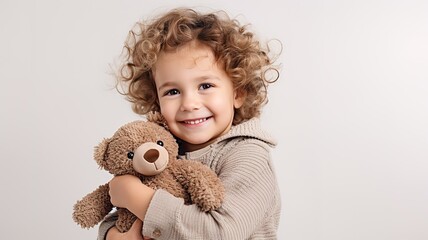 smiling curly Child hugging plush teddy bear on beige background with copy space. cute adorable kid embrace teddy bear.