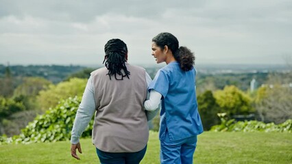 Poster - Elderly care, old woman with helping hand and caregiver in garden in support, help or trust from back. Retirement, healthcare and senior person with nurse walking in backyard together in conversation