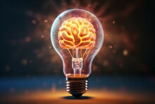 Brain Light Bulb Human Brain Glowing Inside Of Light Bulb. Conceptual Symbol Of Idea And Insight