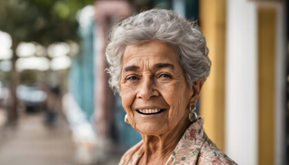 Wall Mural - Elderly lady outdoors with copy space