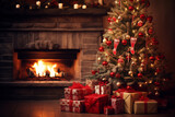 Fototapeta Nowy Jork - Christmas tree with presents near a fireplace - Generative AI