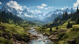 Fototapeta Uliczki - Captivating Alpine Scenery: Exploring Majestic Peaks, Tranquil Valleys, and Stunning Landscapes amidst Nature's Abundance, generative AI